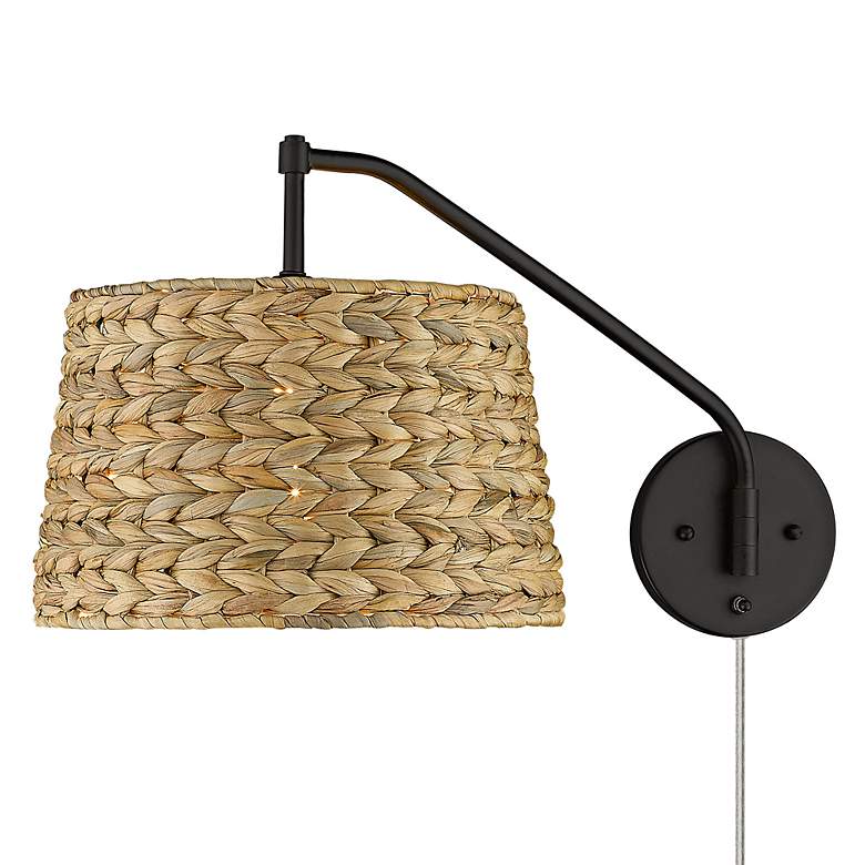 Image 6 Ryleigh Matte Black Swing Arm Wall Lamp w/ Woven Grass Shade more views