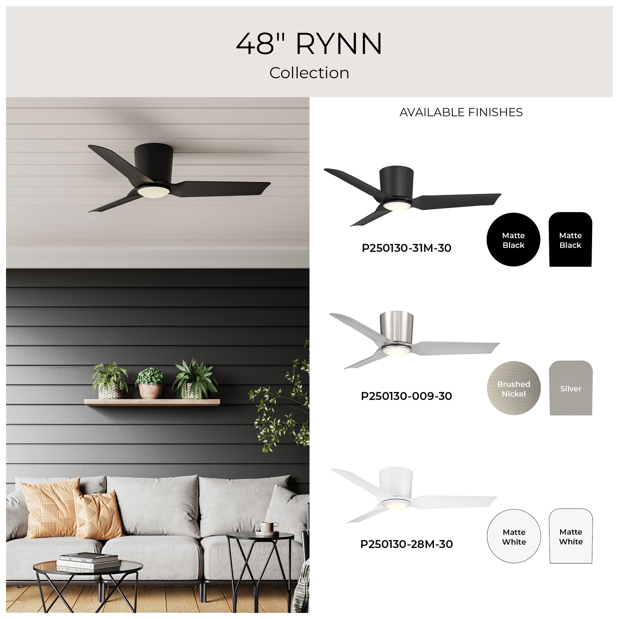 Rynn Collection 48-in. Three Blade Flush Mount Modern LED Ceiling Fan