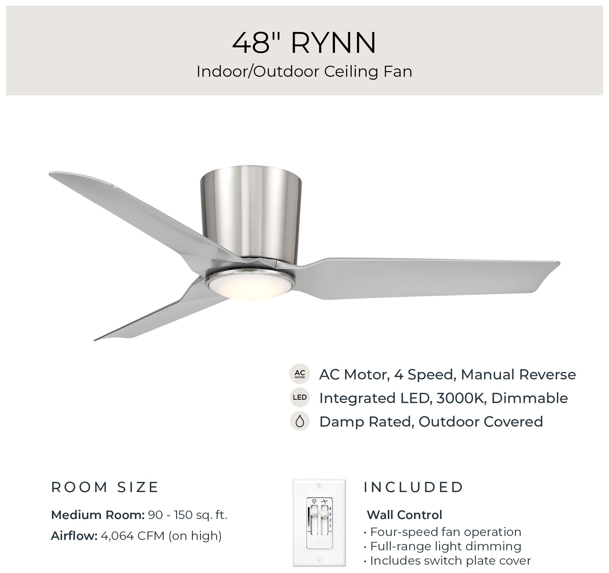 Rynn Collection 48-in. Three Blade Flush Mount Modern LED Ceiling Fan