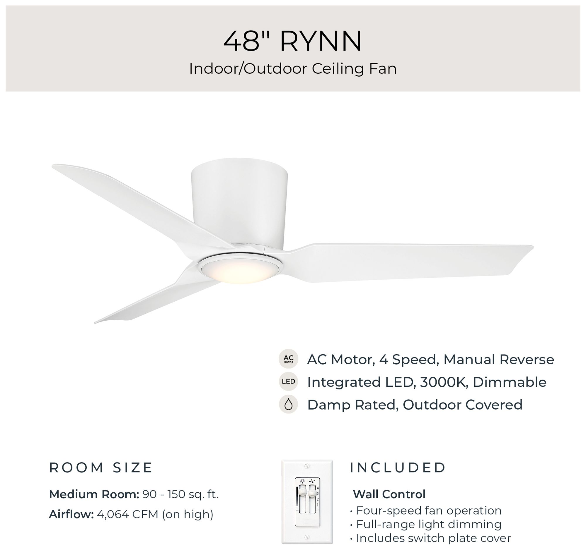 Rynn Collection 48-in. Three Blade Flush Mount Modern LED Ceiling Fan