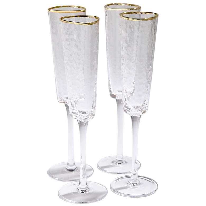 Image 1 S/4 Hammered Champagne Glasses-Clear w/Gold Rim