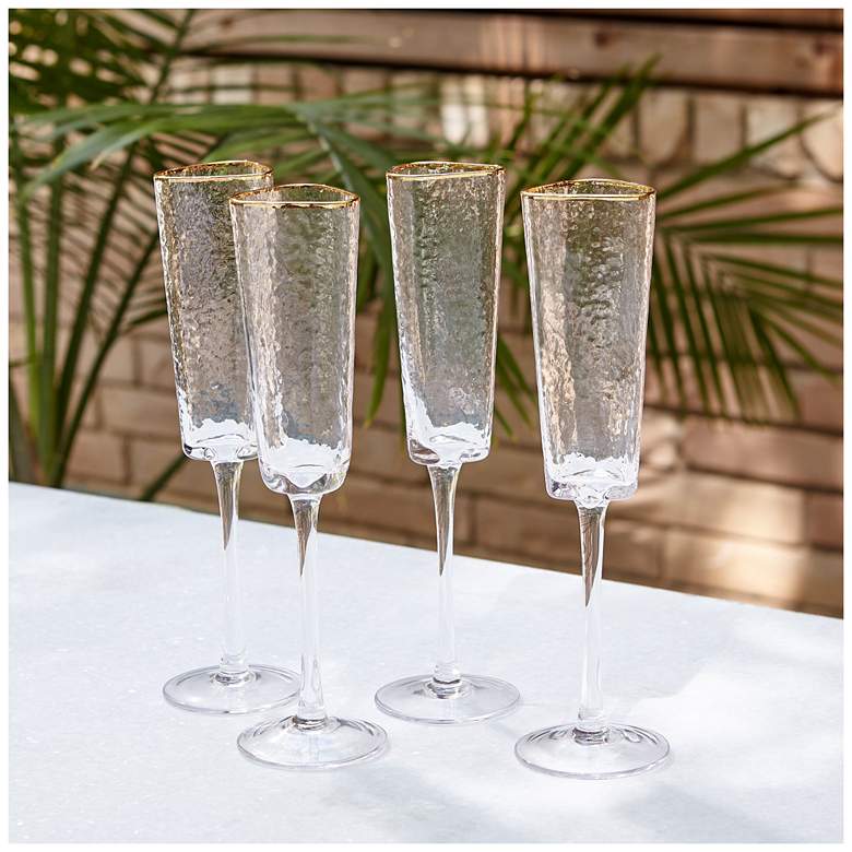 Image 4 S/4 Hammered Champagne Glasses-Clear w/Gold Rim more views