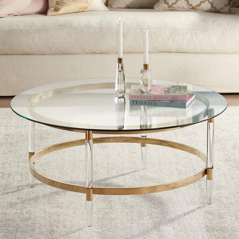 Image 1 Saarinen 38" Wide Gold and Glass Coffee Table