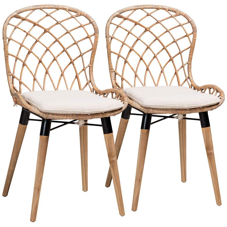 Image 2 Sabelle Gray-Washed Rattan Brown Wood Dining Chairs Set of 2