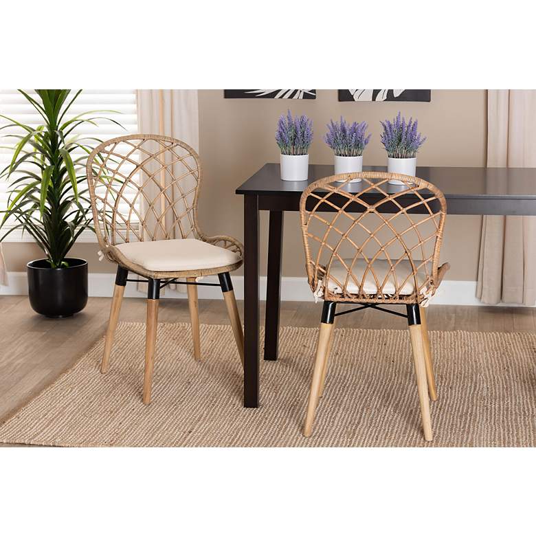 Image 1 Sabelle Gray-Washed Rattan Brown Wood Dining Chairs Set of 2