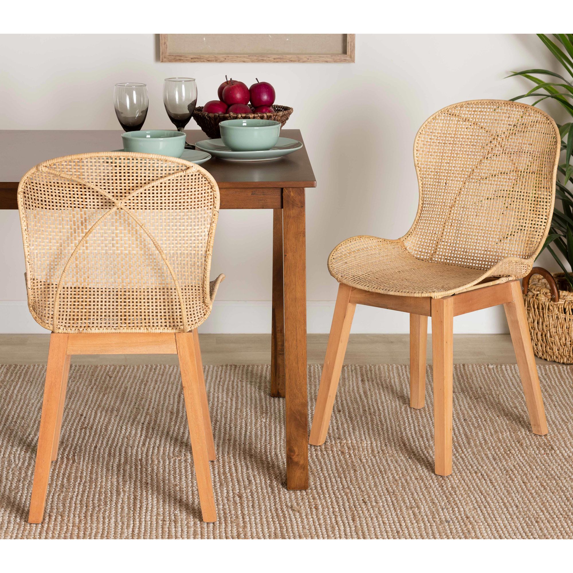 Sabelle Natural Brown Wood Rattan Dining Chairs Set of 2