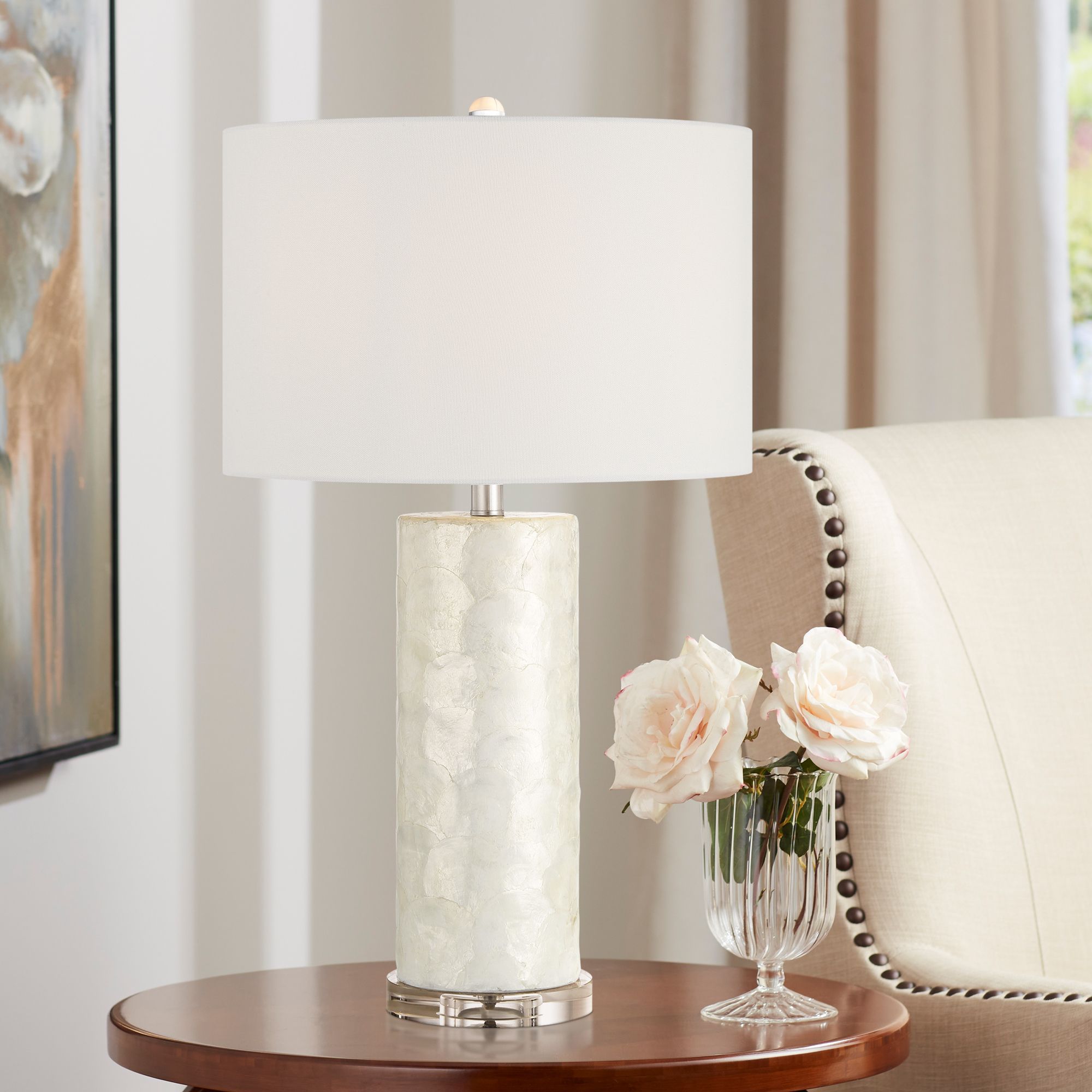 Watch A Video About the Sabina Textured Pearlescent White Cylinder Table Lamp