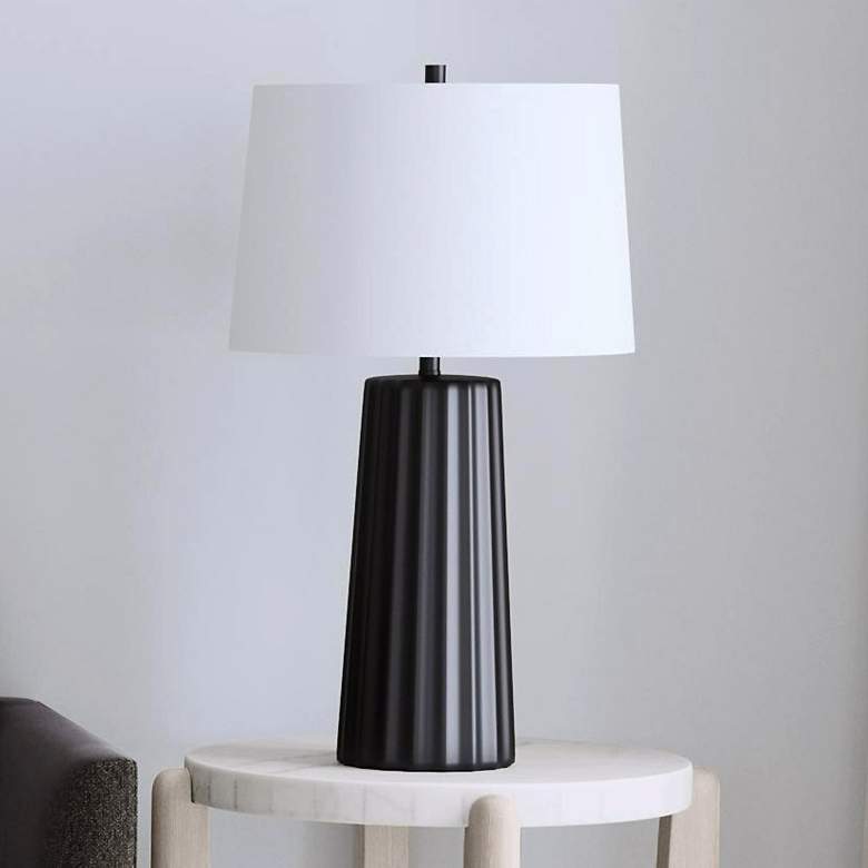 Image 1 Sabine Matte Black Table Lamp with White Linen Shade