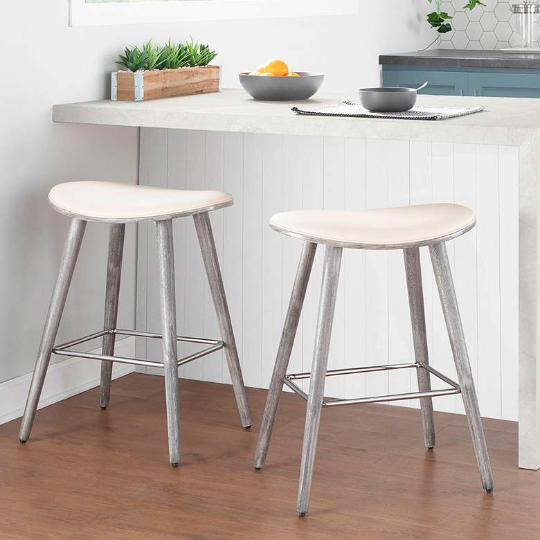 Saddle 25&quot; Cream Faux Leather Wood Counter Stools Set of 2