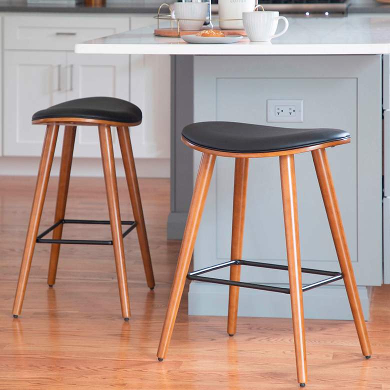 Image 1 Saddle Counter Stool in Walnut and Black PU by LumiSource Pair