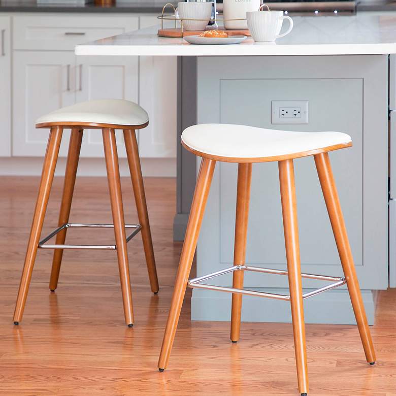 Image 1 Saddle Counter Stool in Walnut and White PU by LumiSource Pair