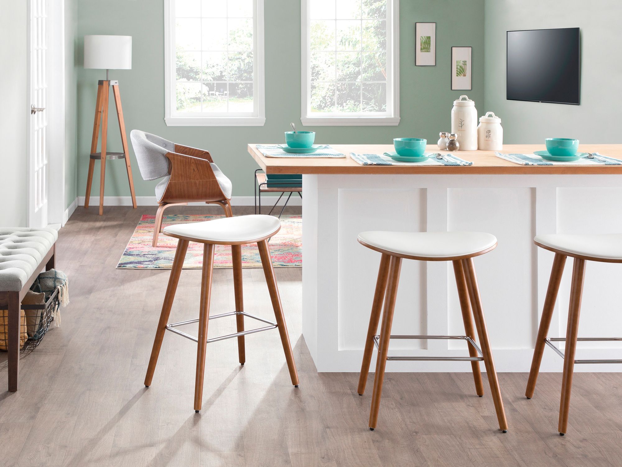 Saddle Counter Stool in Walnut and White PU by LumiSource Pair