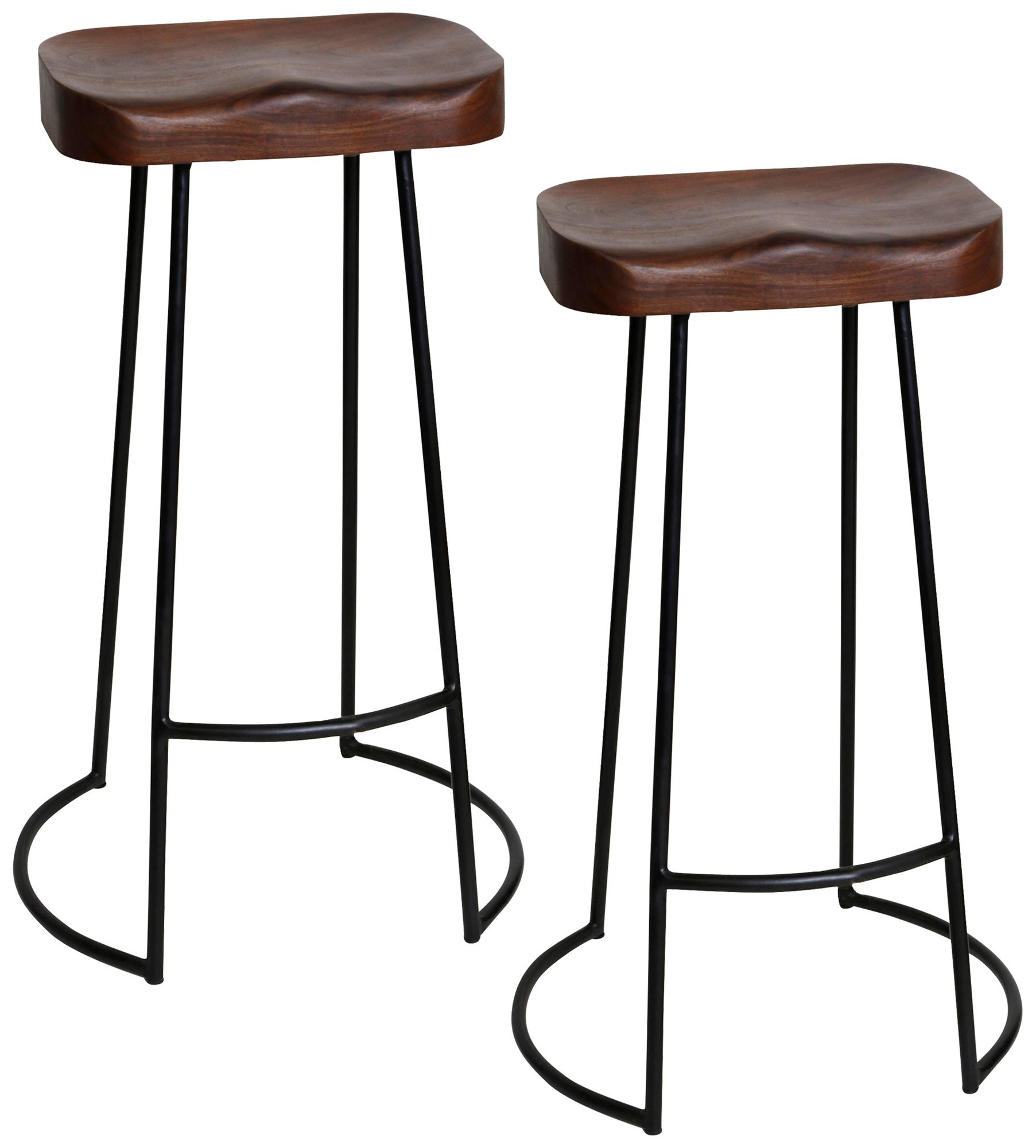 Image 2 Saddle Frame Barstools - Dark Brown Wood Seat - Black Iron Frame - Set of 2