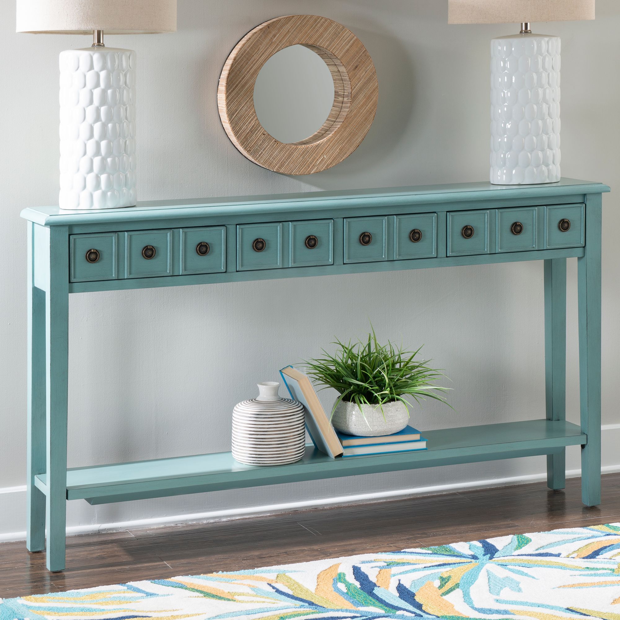 teal console table with storage