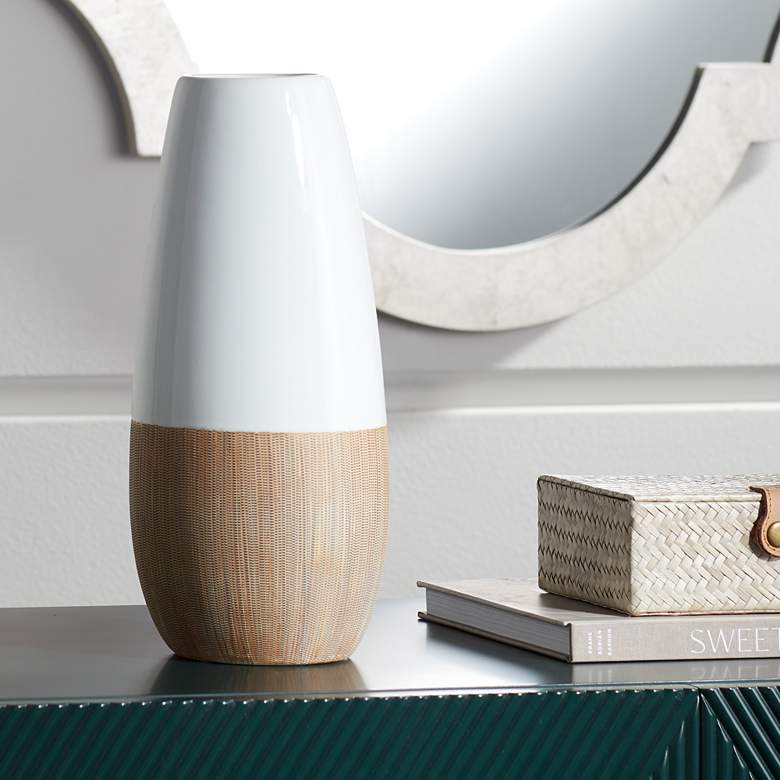 Sadria 12&quot; High Shiny White and Matte Wood Ceramic Vase
