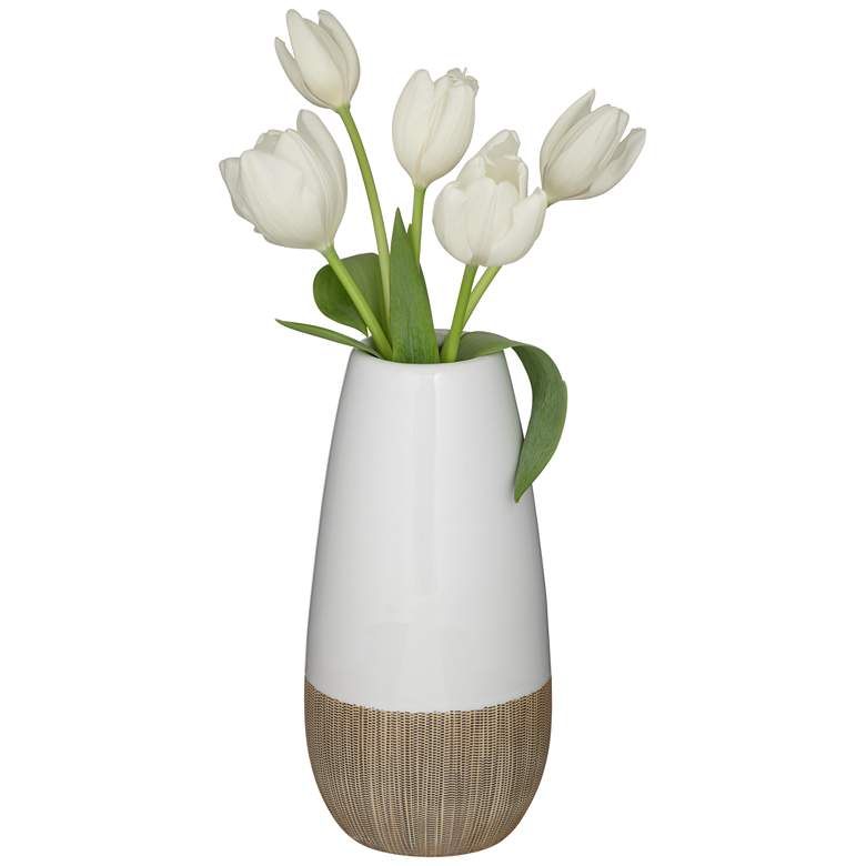 Image 4 Sadria 9 1/2 inch High Shiny White and Matte Wood Ceramic Vase more views