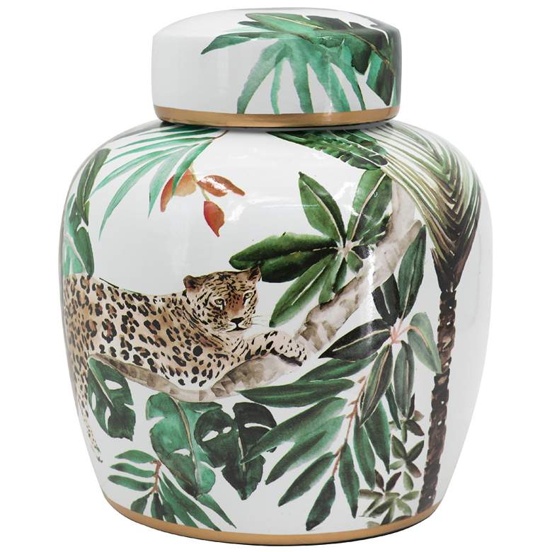 Image 1 Safari Leaf 9 1/2" Leopard and Green Jungle Lidded Ceramic Jar