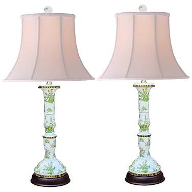 Saffron Green and White Canton Buffet Table Lamps Set of 2
