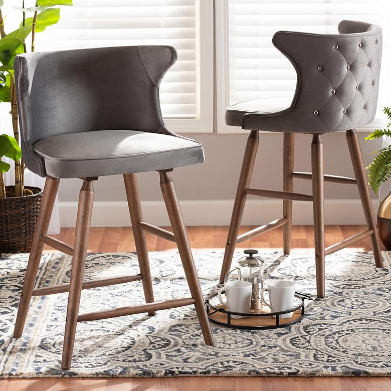 Image 1 Sagira 26 1/2" Gray Velvet Fabric Counter Stools Set of 2
