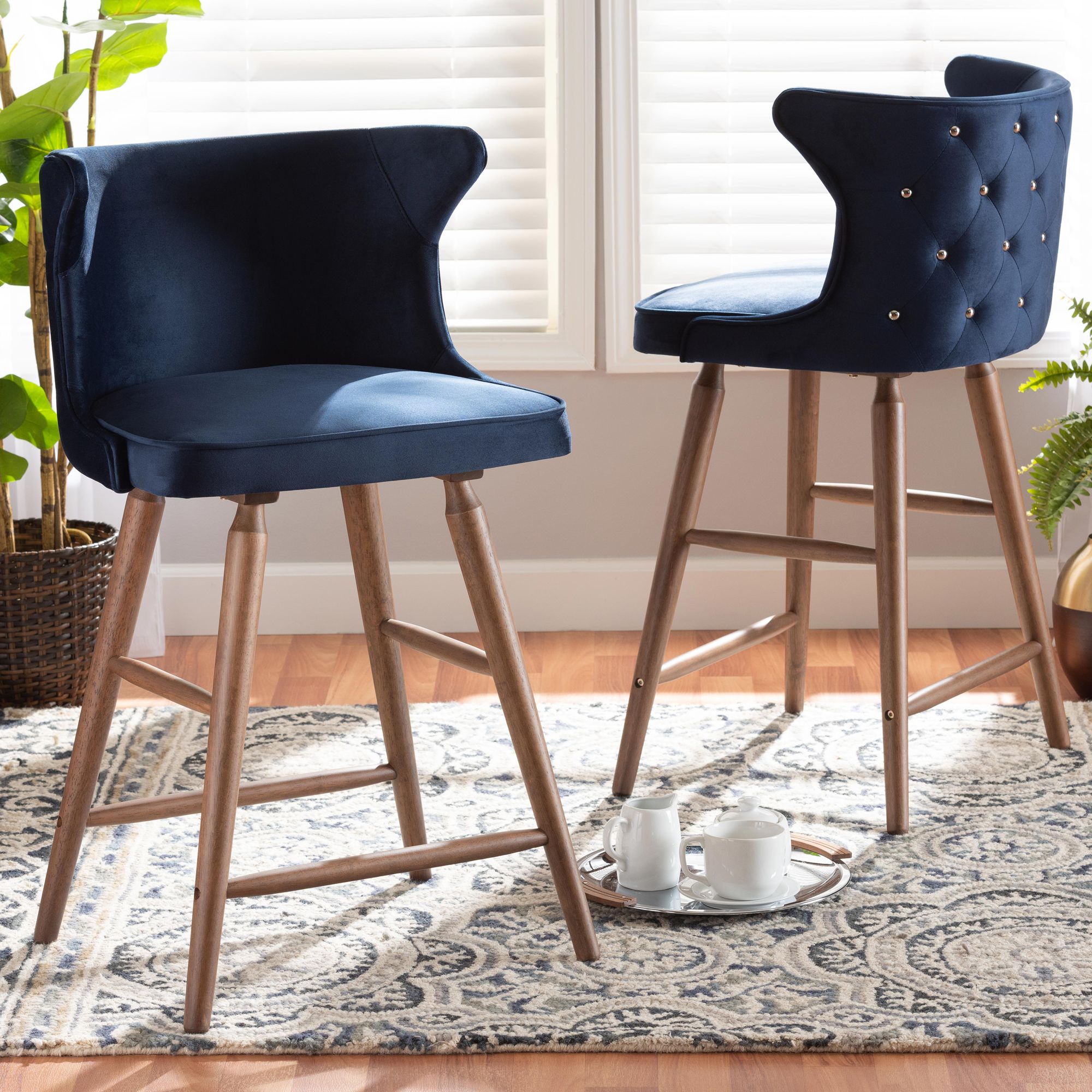 Sagira 26 1/2" Navy Blue Velvet Counter Stools Set of 2 377R0