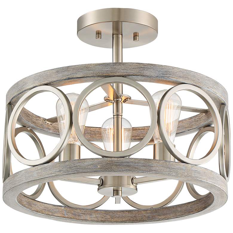 Image 2 Salima 16 inch Wide Nickel and Gray Wood 3-Light Ring Ceiling Light