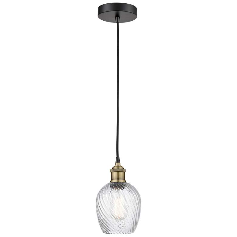 Image 1 Salina 5.75"W Black Brass Corded Mini Pendant w/ Spiral Fluted Shade