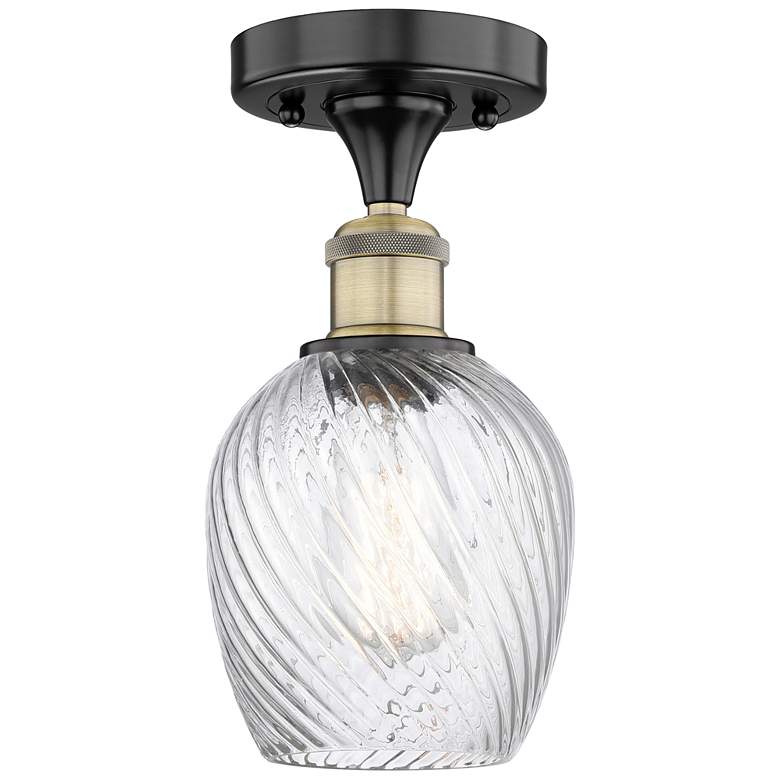 Image 1 Salina 5"W Black Antique Brass Flush Mount w/ Spiral Fluted Glass Shad