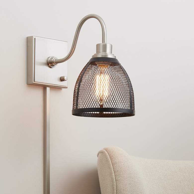 Image 1 Sam Brushed Nickel and Black Mesh Shade Pin-Up Wall Lamp