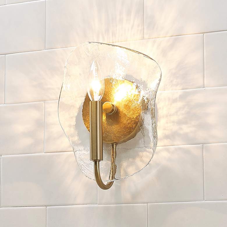 Image 1 Samara 7 3/4" Wide Wall Sconce in Modern Brass with Hammered Water Gla