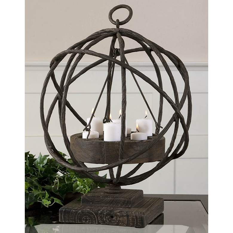 Image 1 Sammy 20 inch High Iron and Wood Orb Candle Holder