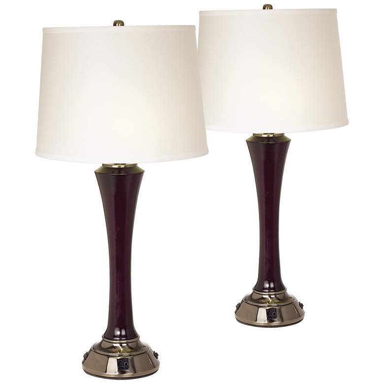 Image 1 Sammy Mahogany and Antique Brass Table Lamps Set of 2 with Outlets