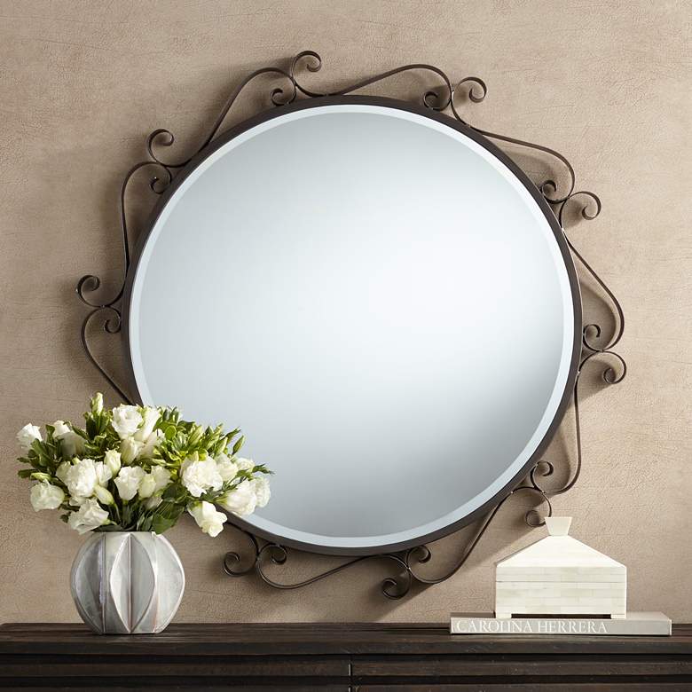 Image 1 San Miguel Bronze Iron Scroll 36" Round Wall Mirror