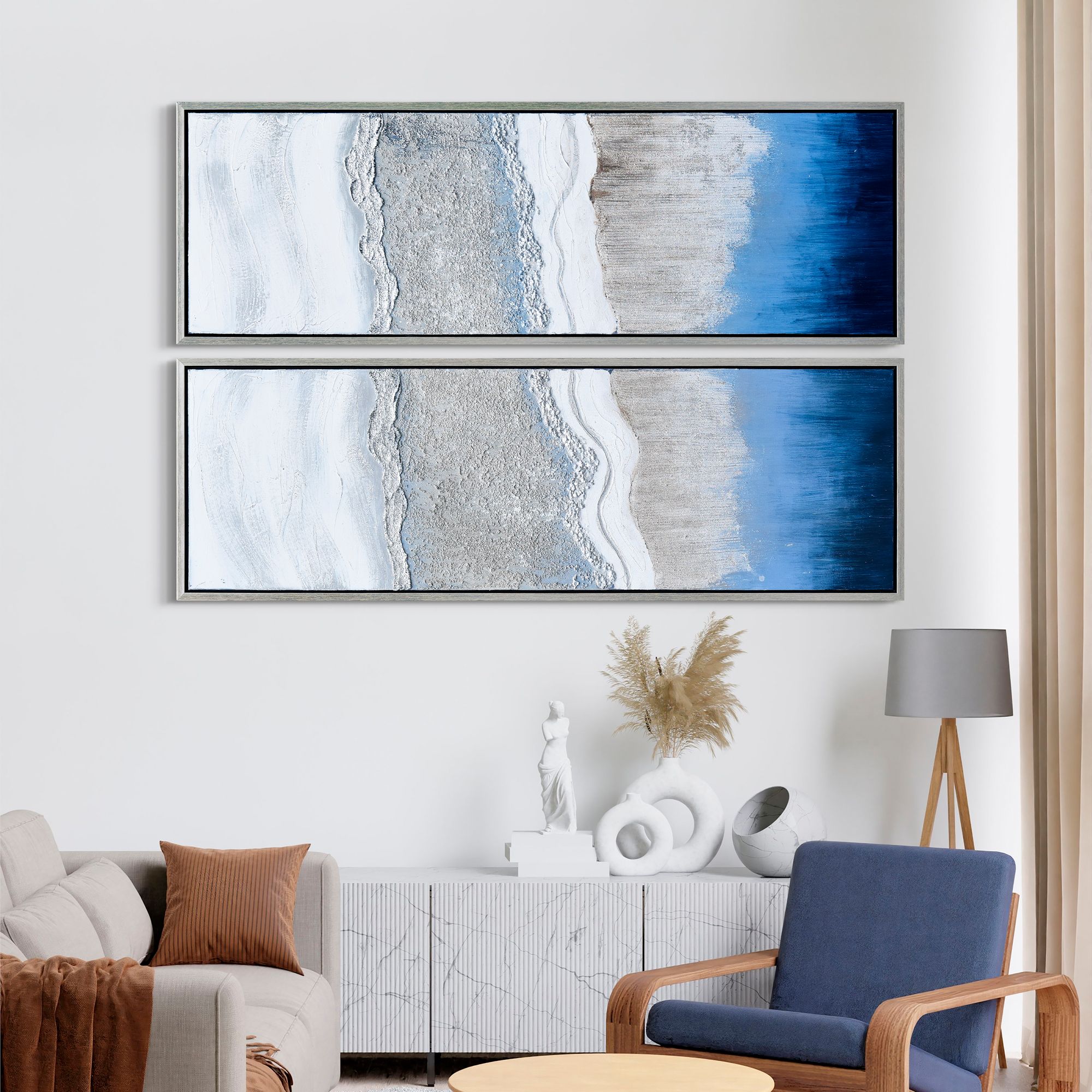 Sand Art 60"H Metallic 2-Piece Framed Canvas Wall Art Set in scene
