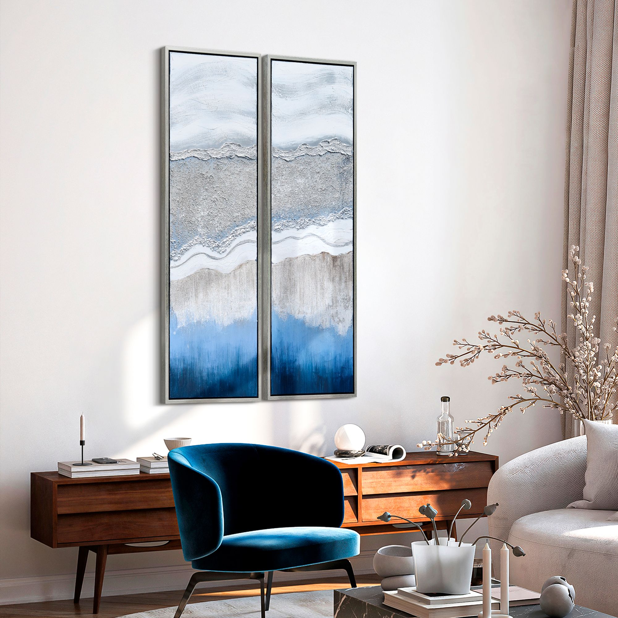 Sand Art 60"H Metallic 2-Piece Framed Canvas Wall Art Set in scene