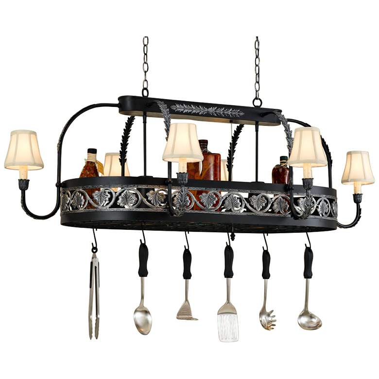 Image 1 Sandra Lee Leaf 58"W Black Leather Pot Rack Chandelier