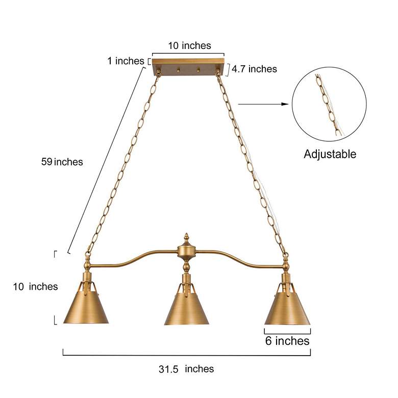 Image 6 Sano 31 1/2"W Vintage Brushed Gold 3-Light Island Chandelier more views