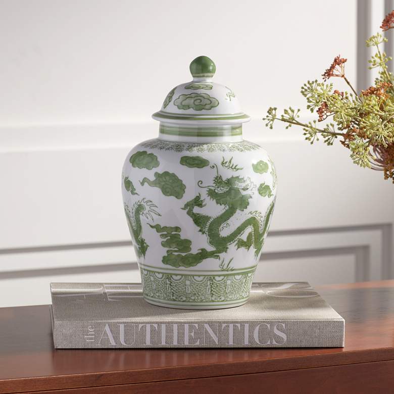 Image 2 Sansui 12"H Green and White Ceramic Ginger Jar with Lid