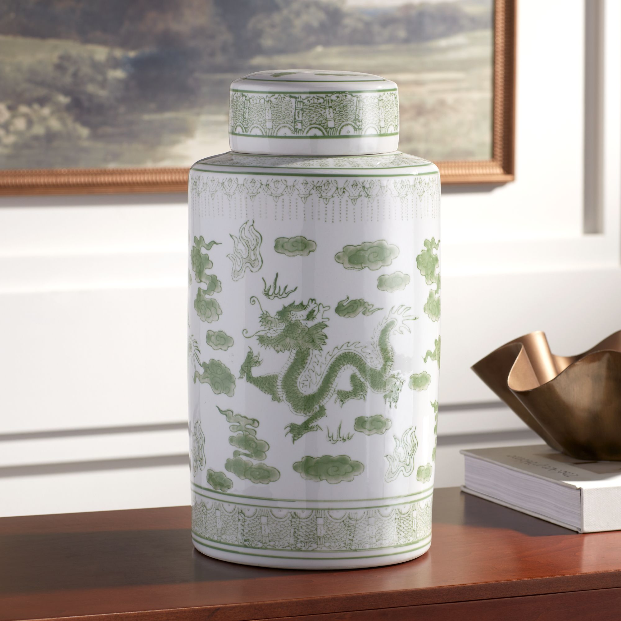 Sansui Green and White 2-Piece Ceramic Ginger Jar Set in scene