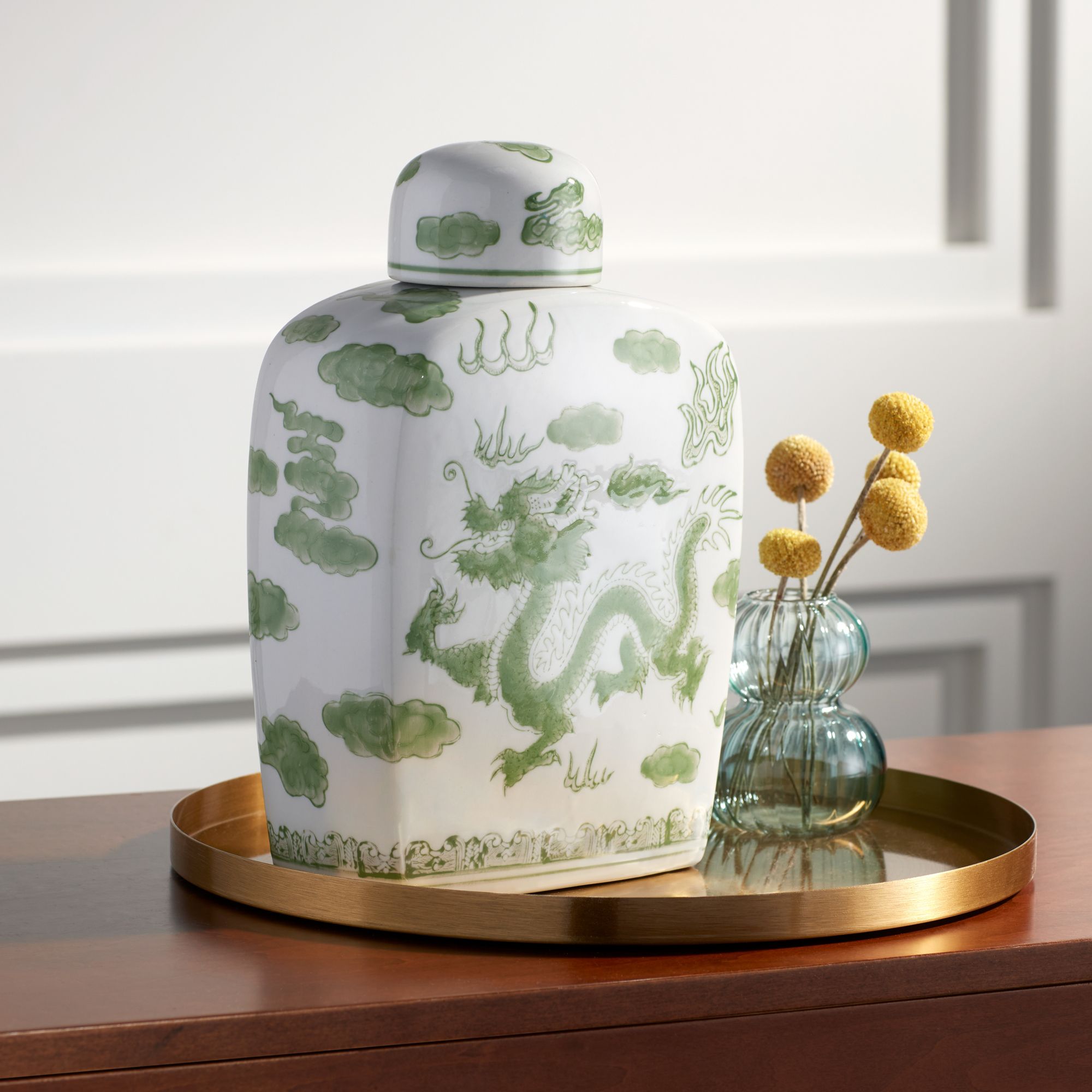 Sansui Green and White 2-Piece Ceramic Ginger Jar Set in scene