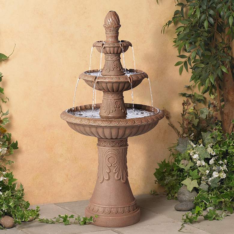 Image 1 Santa Cruz 45 3/4 inch High Faux Stone 3-Tier LED Outdoor Fountain