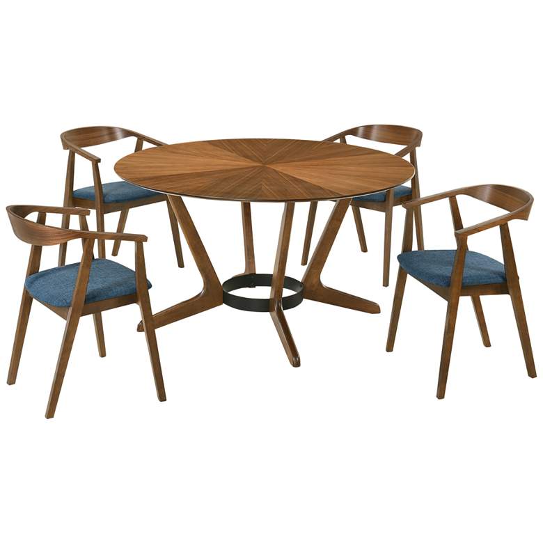 Image 1 Santana 5 Piece Round Dining Table Set in Walnut Wood with Blue Fabric