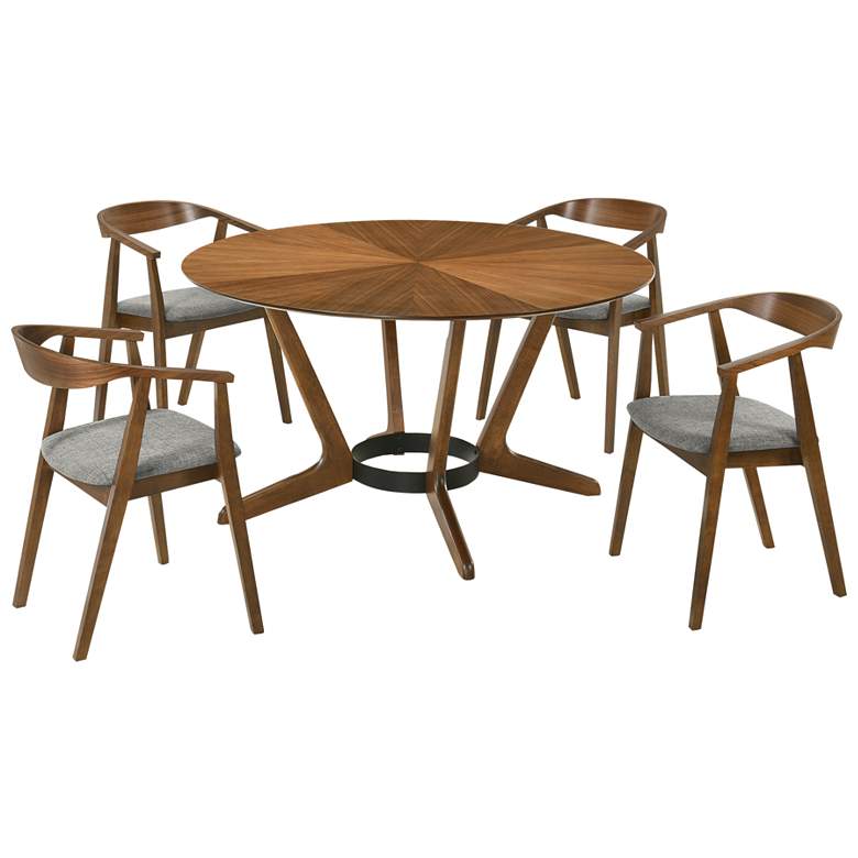 Image 1 Santana 5 Piece Round Dining Table Set in Walnut Wood with Charcoal Fabric