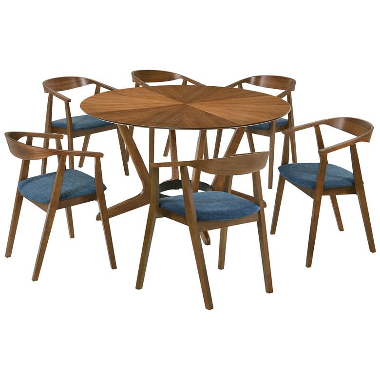 Image 1 Santana 7 Piece Round Dining Table Set in Walnut Wood with Blue Fabric