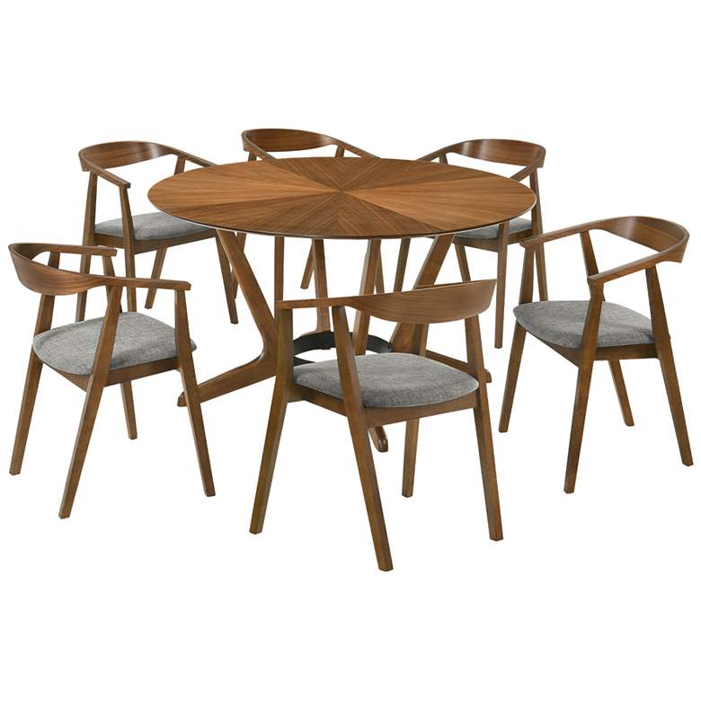 Image 1 Santana 7 Piece Round Dining Table Set in Walnut Wood with Charcoal Fabric