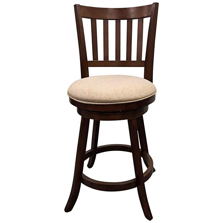 Image 1 Sara Beige Upholstered Walnut Slat Back Swivel Barstool Set of 2