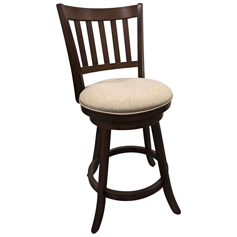Image 3 Sara Beige Upholstered Walnut Slat Back Swivel Barstool Set of 2 more views