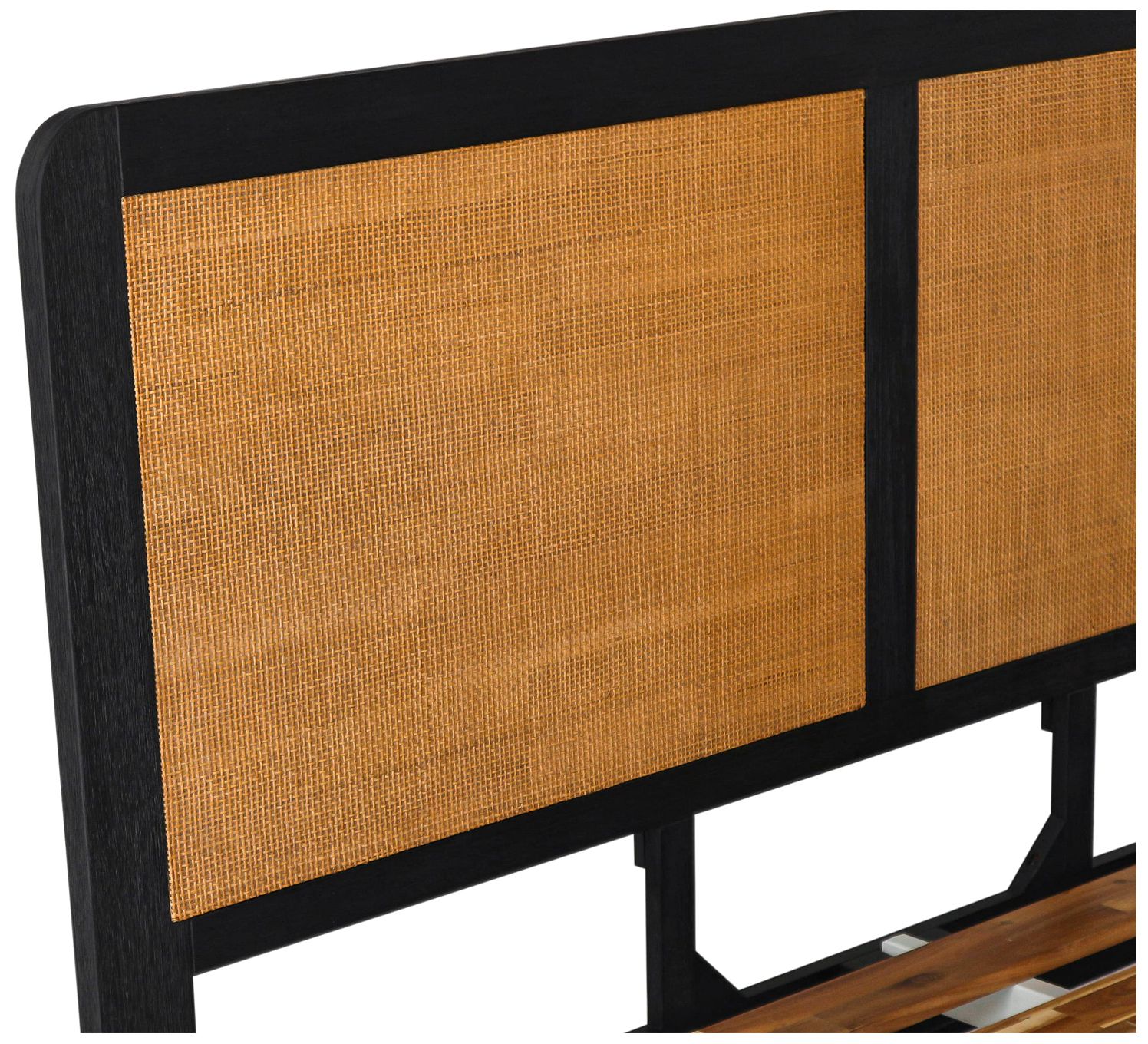 Saratoga 3 Piece King Bedroom Set in Black Acacia Wood, Rattan and Metal