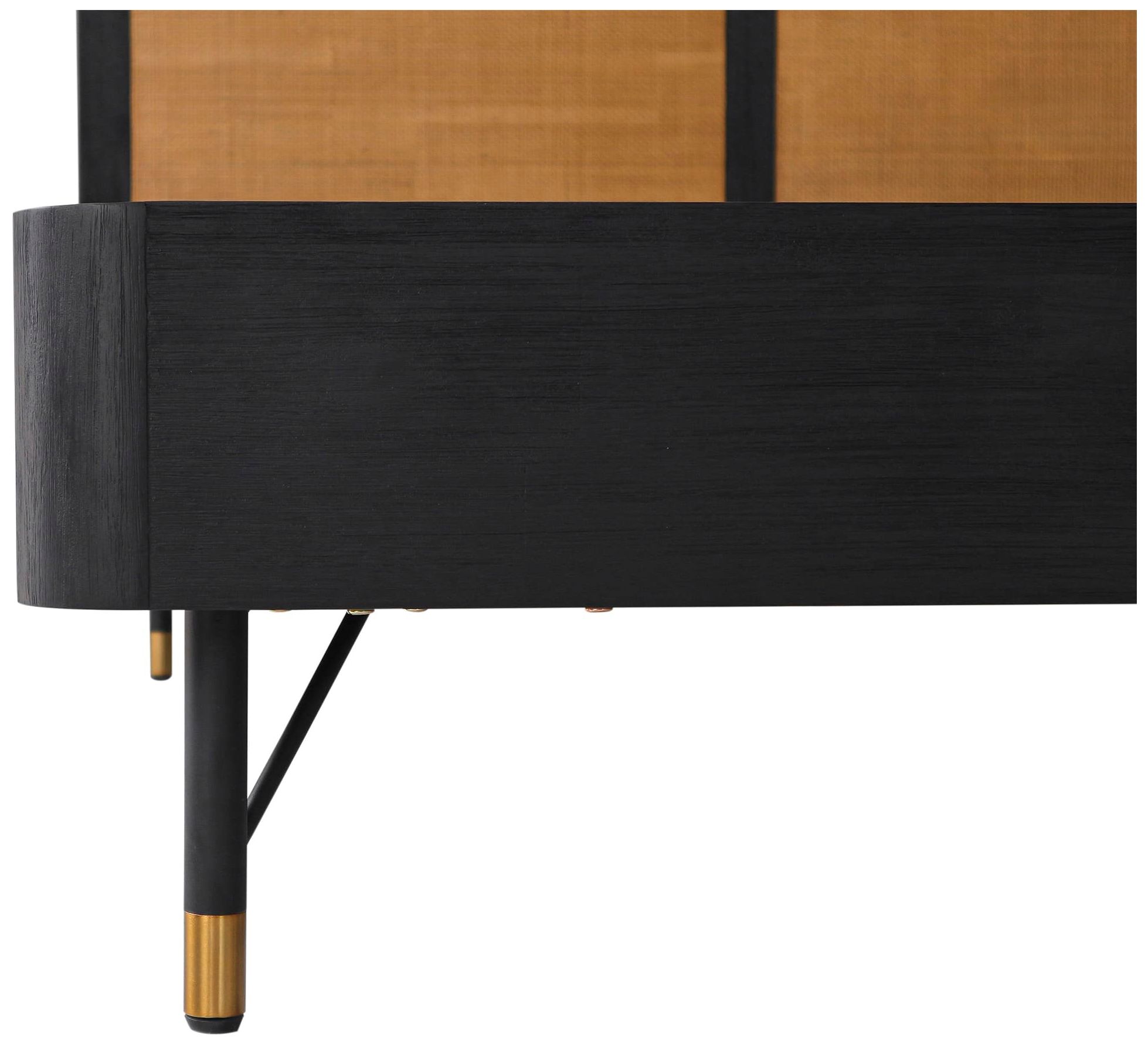 Saratoga 3 Piece Queen Bedroom Set in Black Acacia Wood, Rattan and Metal