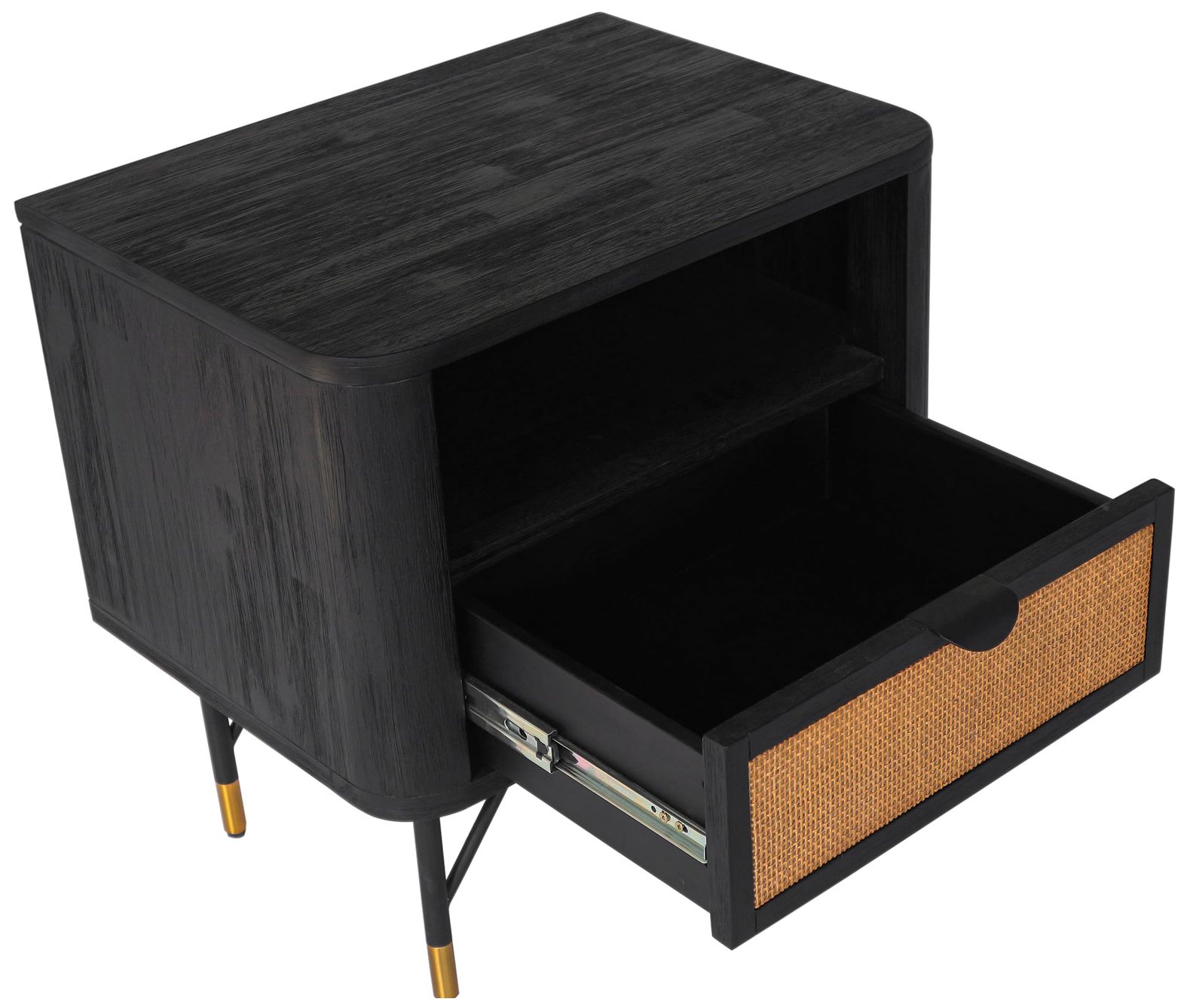 Saratoga 3 Piece Queen Bedroom Set in Black Acacia Wood, Rattan and Metal