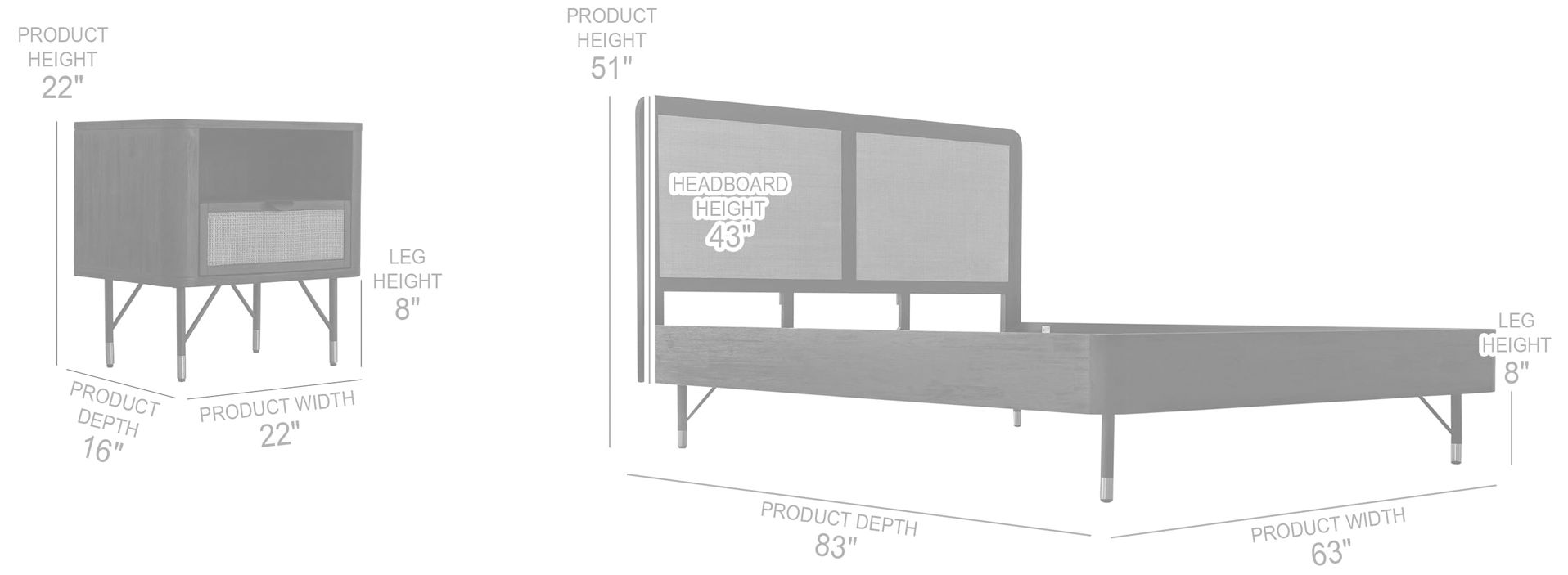 Saratoga 3 Piece Queen Bedroom Set in Black Acacia Wood, Rattan and Metal